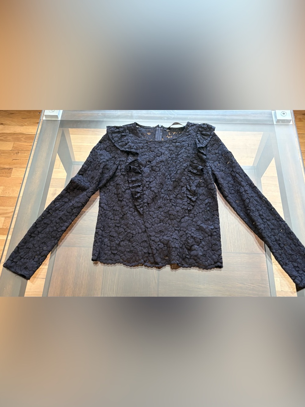 Zara Top Blouse XS Black Sheer Lace Mesh Ruffle Long Sleeve Edwardian Goth
